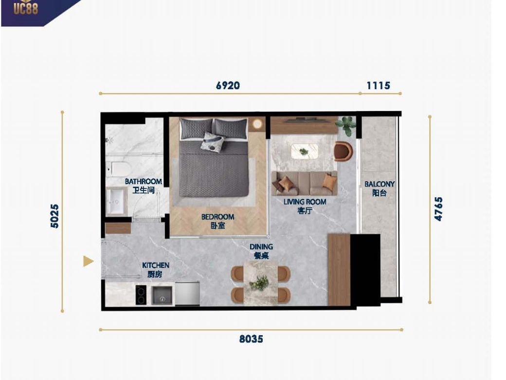 1 Bedroom UC88 Wyndham Garden BKK1 Type B C J K (59.46sqm)-unit plan