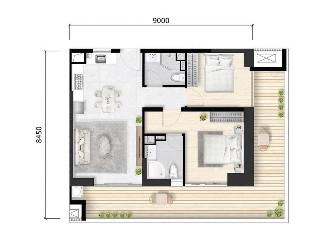 2 Bedroom Floor Plan at Wealth Mansion Condo For Sale in Phnom Penh