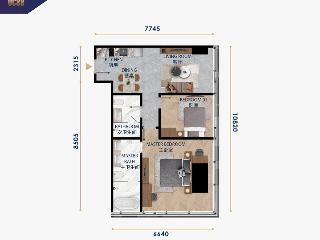 2 Bedroom UC88 Wyndham Garden BKK1 Type E and H (110.78sqm)-unit plan