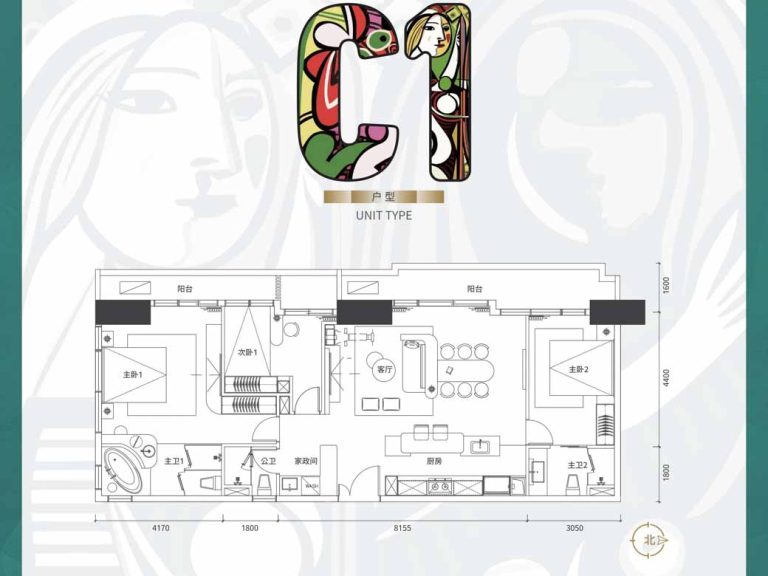 Picasso Sky Gemme-Type C1-3 Bedroom-Floor Plan