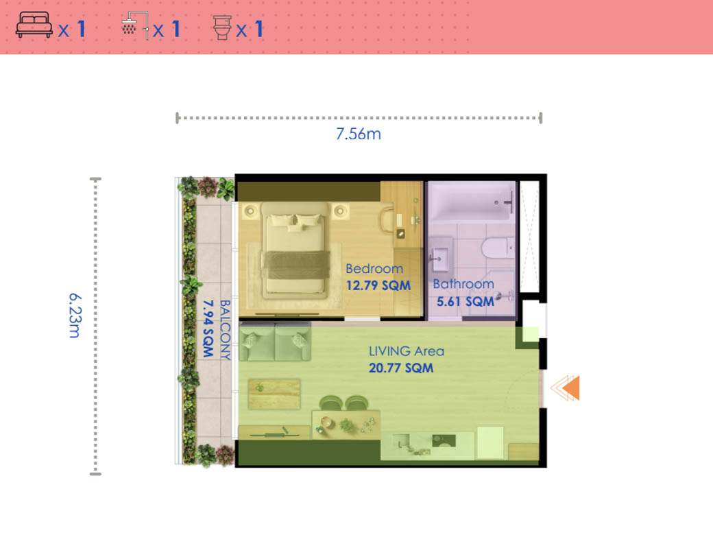 1 Bedoom Layout Type C, E, J, L G.A.T.O Tower BKK1, Phnom Penh - Cambodia Condo For Sale