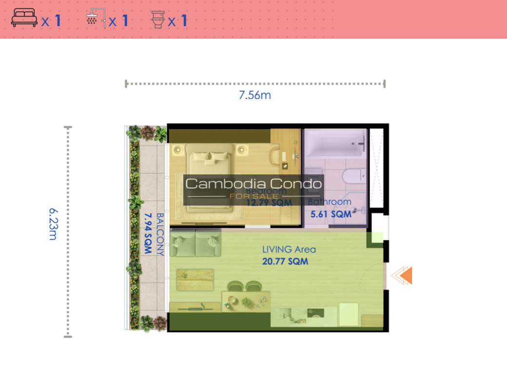 1 Bedoom Type C, E, J, L G.A.T.O Tower BKK1, Phnom Penh - Cambodia Condo For Sale