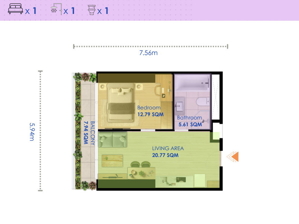 1 Bedroom layput Type D, K G.A.T.O Tower BKK1, Phnom Penh - Cambodia Condo For Sale