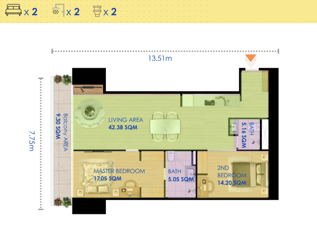 2 Bedrooms Layout Type G, N G.A.T.O Tower BKK1, Phnom Penh - Cambodia Condo For Sale