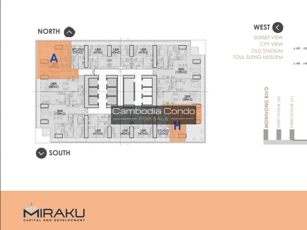 2 Bedrooms Type A, H Floor plan G.A.T.O Tower BKK1, Phnom Penh - Cambodia Condo For Sale