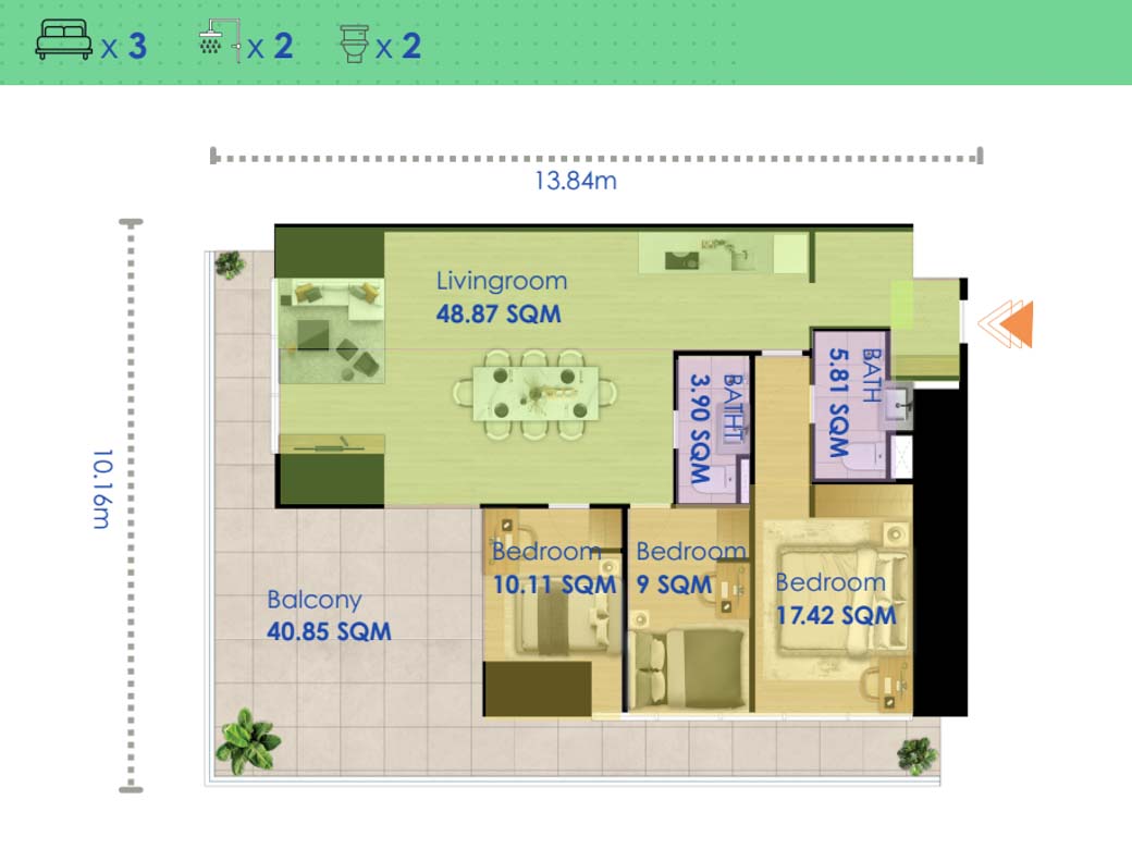 3 Bedrooms Type F, M G.A.T.O Tower BKK1, Phnom Penh - Cambodia Condo For Sale