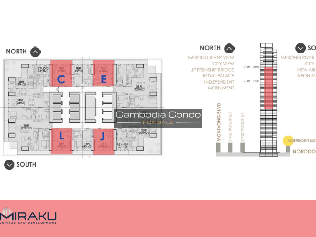 Floor Plan 1 Bedoom Type C, E, J, L G.A.T.O Tower BKK1, Phnom Penh - Cambodia Condo For Sale